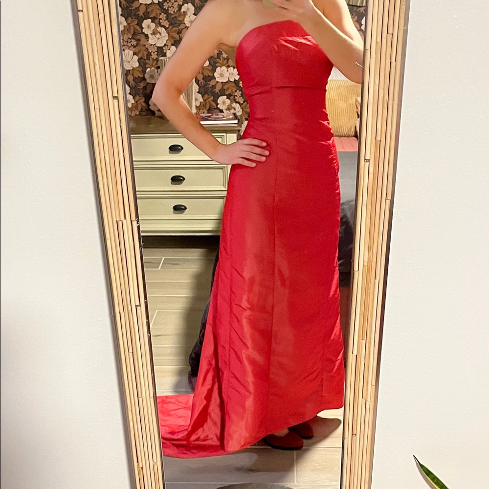 ABS Allen Schwartz Burnt Orange Strapless Evening Gown